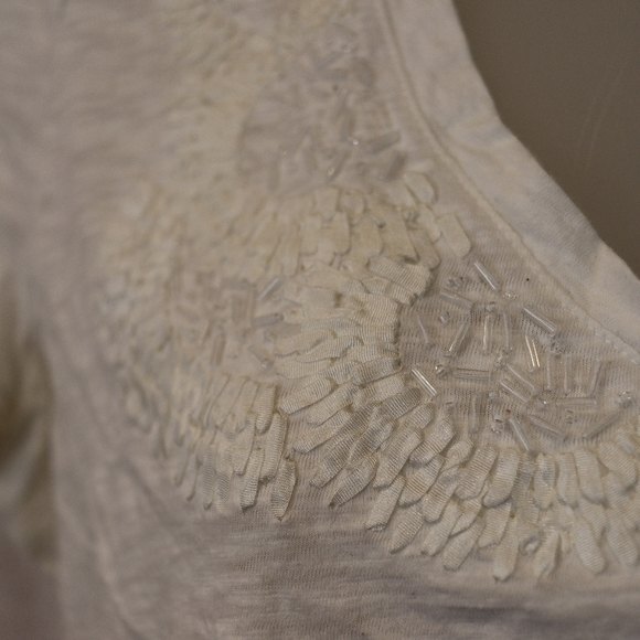 Talbots White Beaded Collar V Neck Cotton Embroidered TShirt Top L - Picture 7 of 12